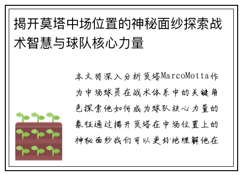 揭开莫塔中场位置的神秘面纱探索战术智慧与球队核心力量