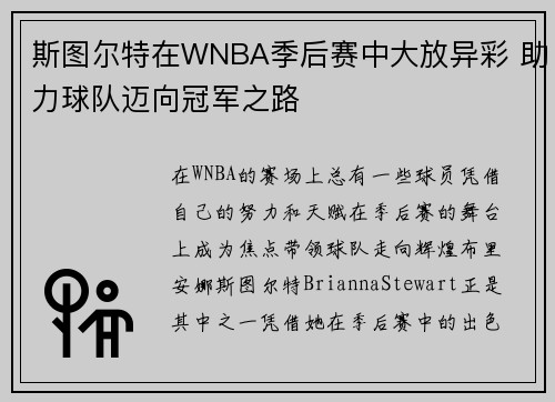 斯图尔特在WNBA季后赛中大放异彩 助力球队迈向冠军之路
