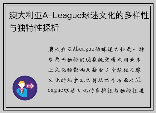 澳大利亚A-League球迷文化的多样性与独特性探析